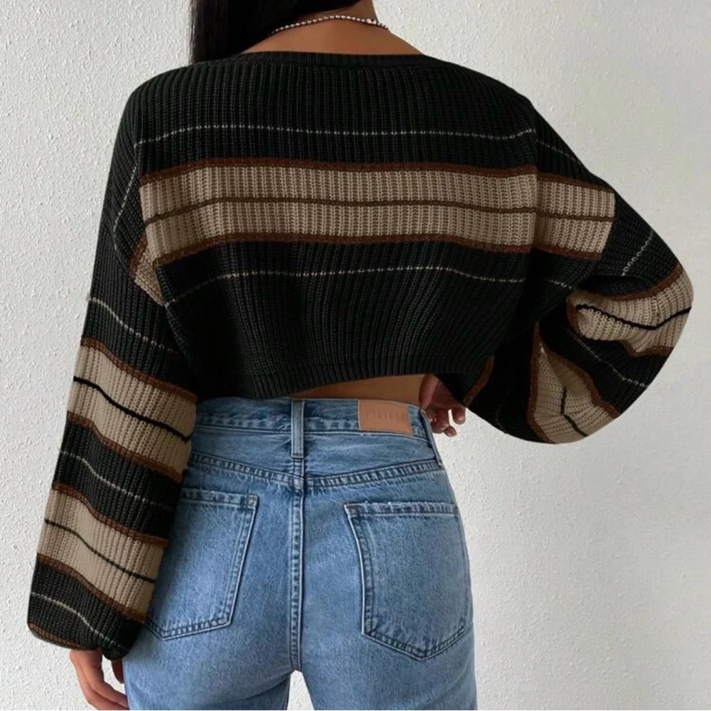 SHEIN Black Cropped Striped Knit Sweater with Beige and Brown Accents - Picture 2 of 4